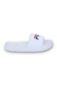 A white FILA bb slider with a comfortable footbed and non-slip sole, featuring the FILA logo on the strap.