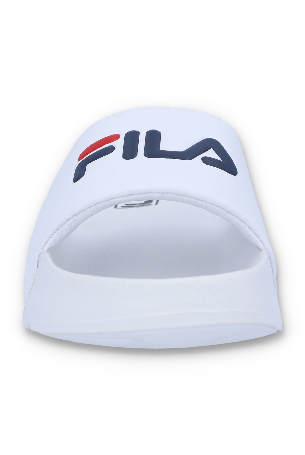 A white FILA bb slider with a comfortable footbed and non-slip sole, featuring the FILA logo on the strap.