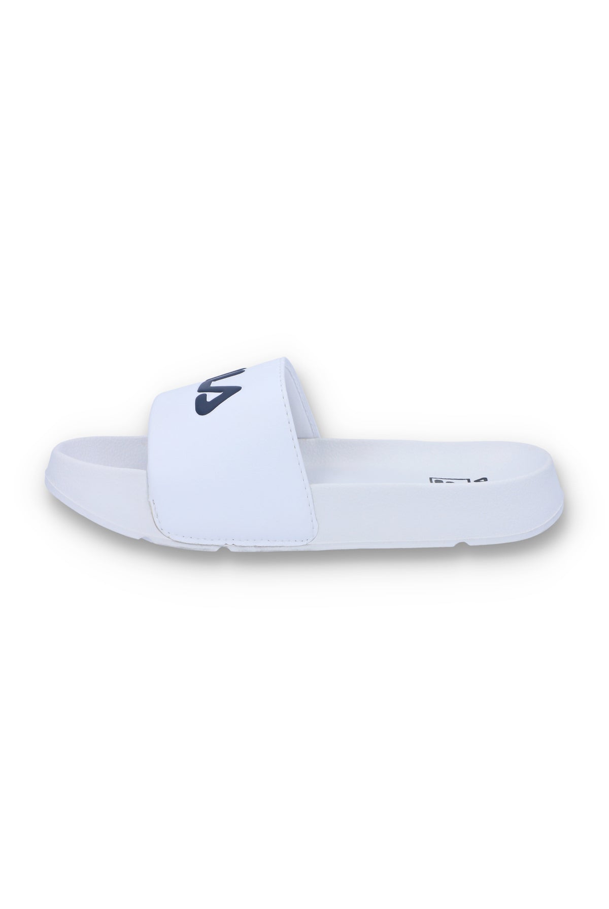 A white FILA bb slider with a comfortable footbed and non-slip sole, featuring the FILA logo on the strap.