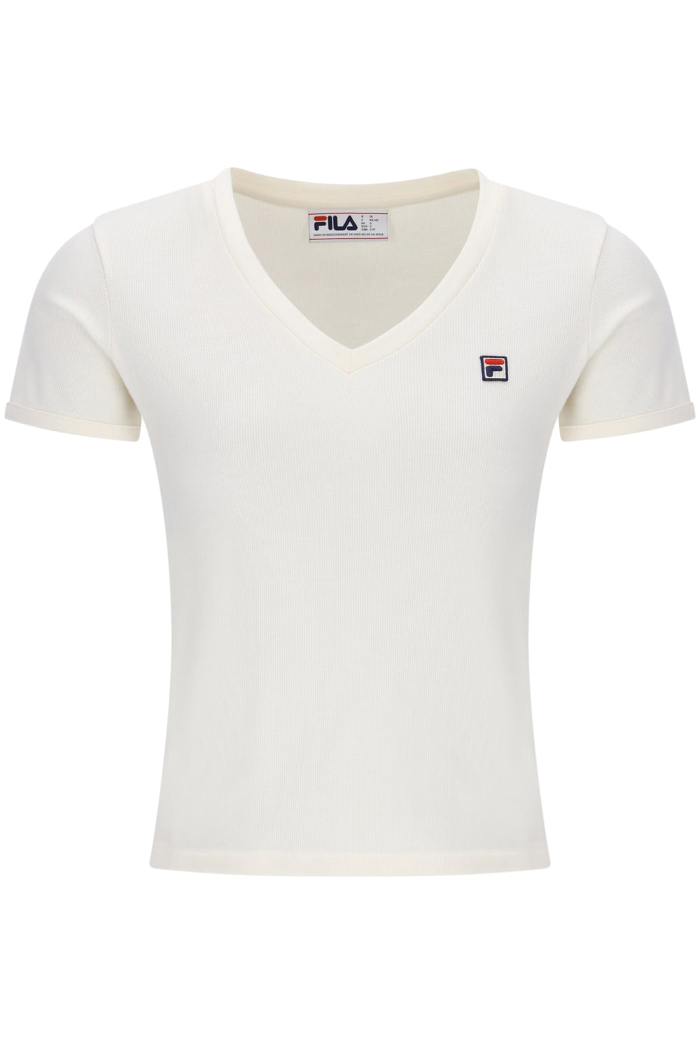 Displays the Gardenia 'FILA' branded Berta Fitted V Neck Top