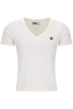 Displays the Gardenia 'FILA' branded Berta Fitted V Neck Top