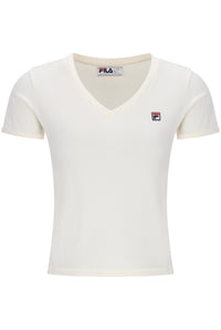 Displays the Gardenia 'FILA' branded Berta Fitted V Neck Top