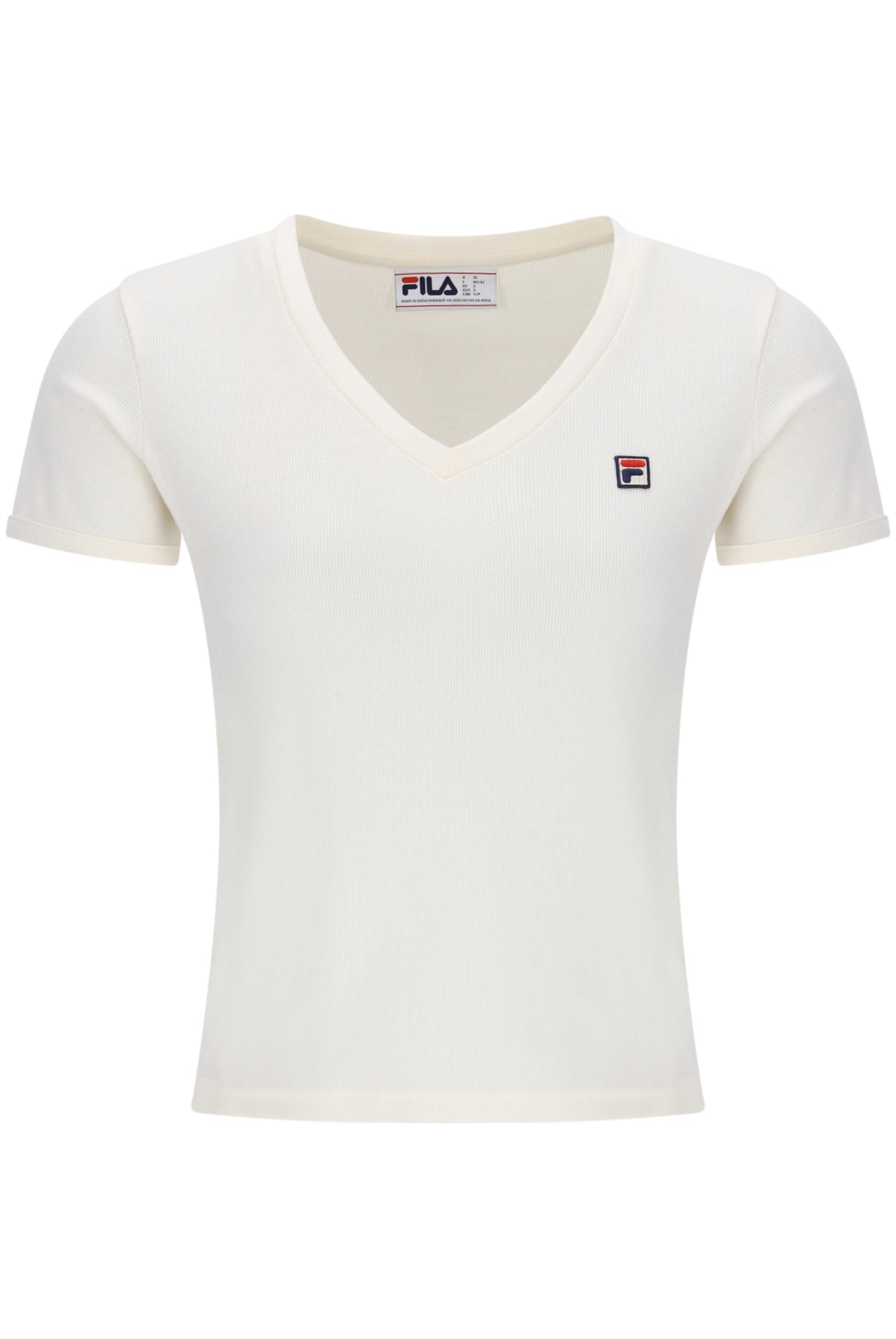Displays the Gardenia 'FILA' branded Berta Fitted V Neck Top