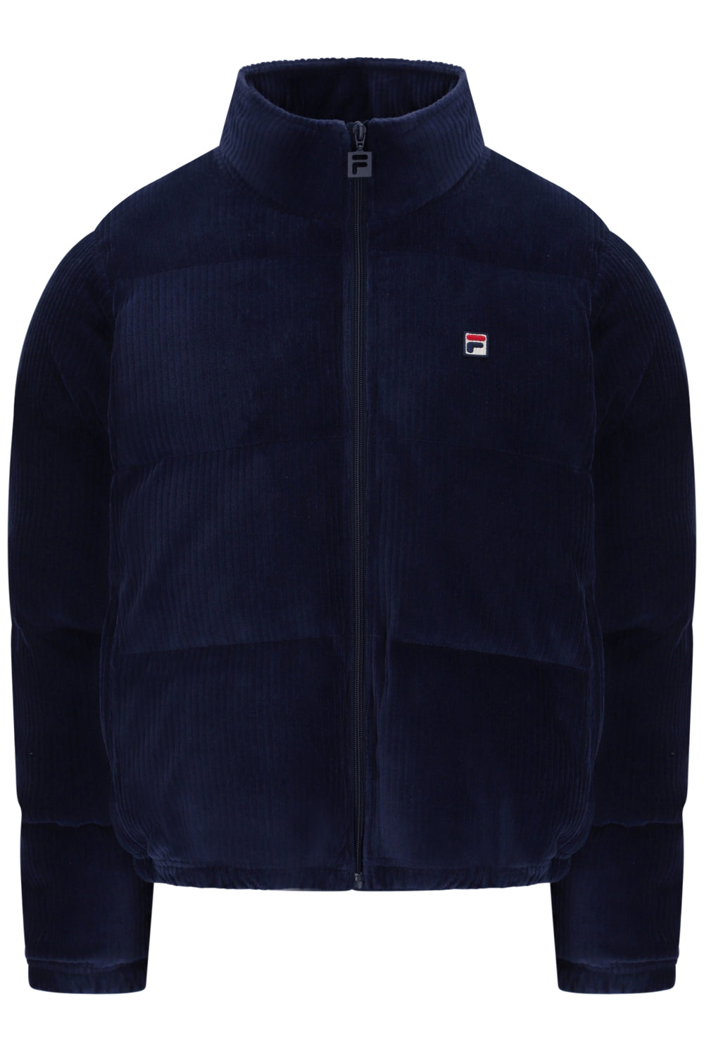 Displays the Navy 'Fila' branded Brandy Cosy Ribbed Velour Puffa Jacket
