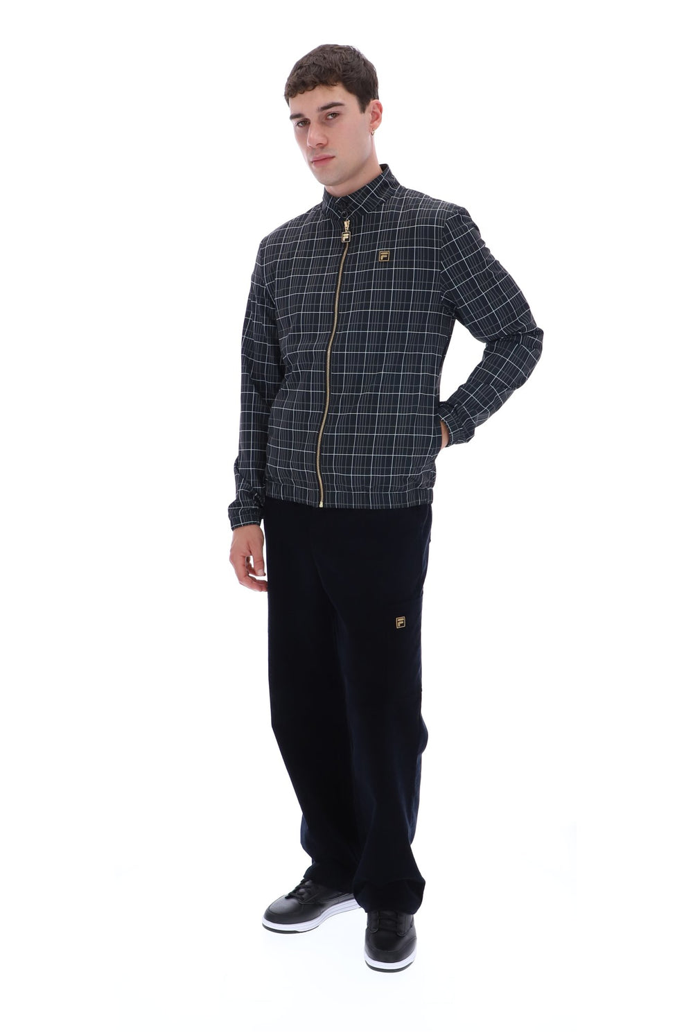 Black Brio Printed Check Biker Neck Jacket