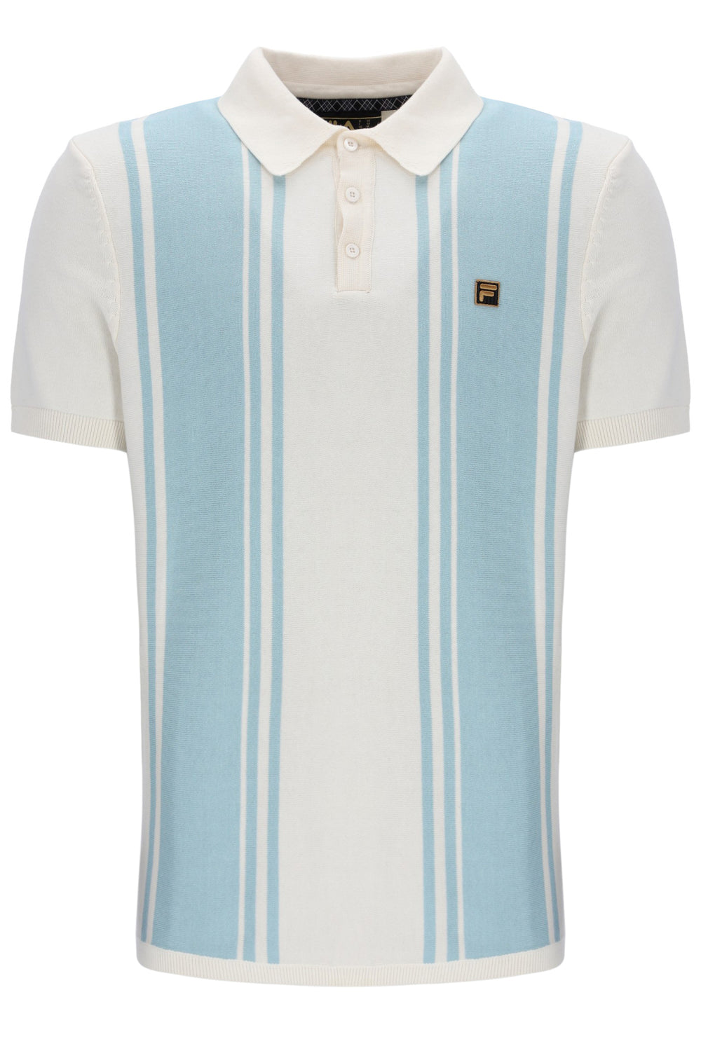 White polo shirt with blue stripes on a white background