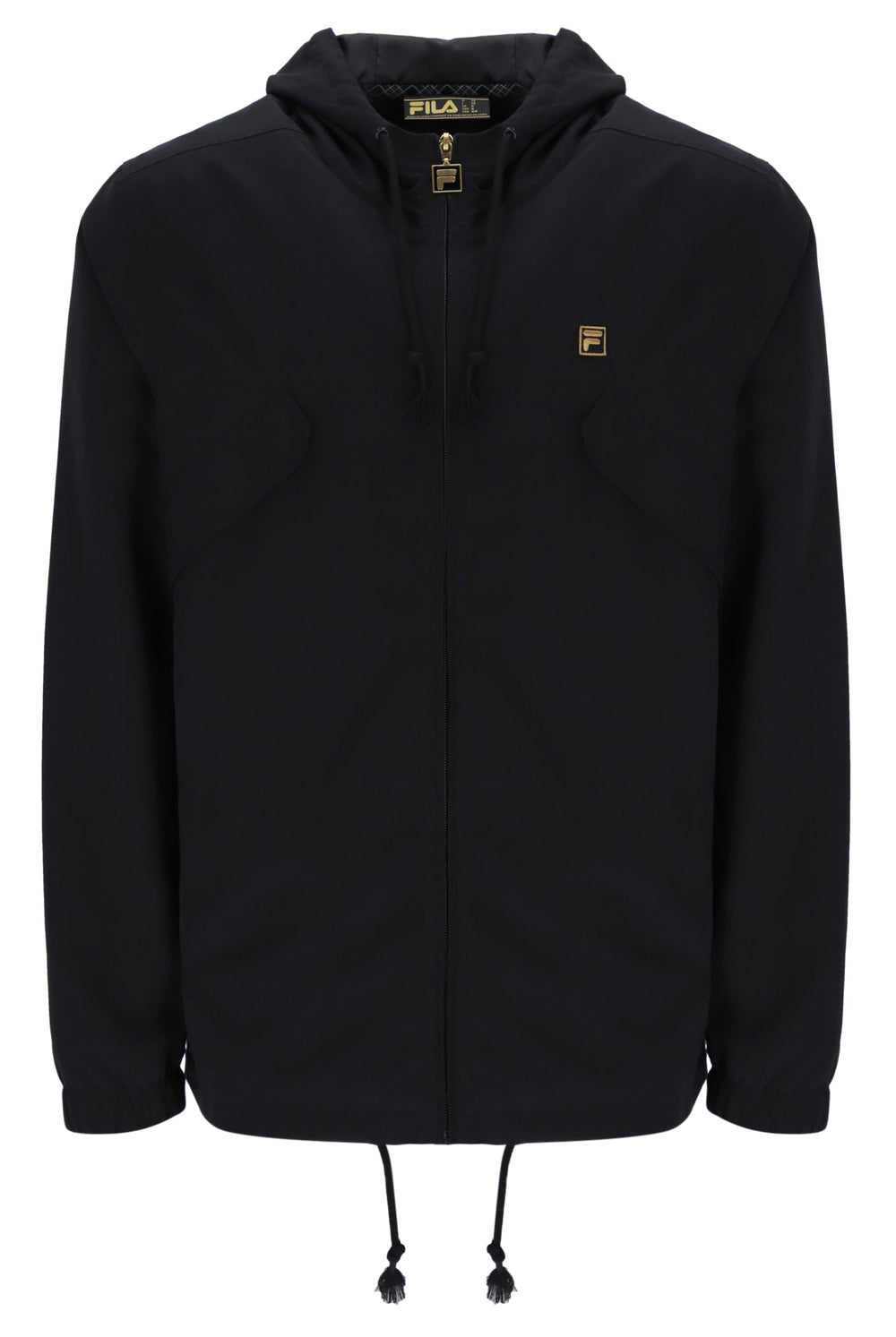 Black jacket with a brand logo on a white background