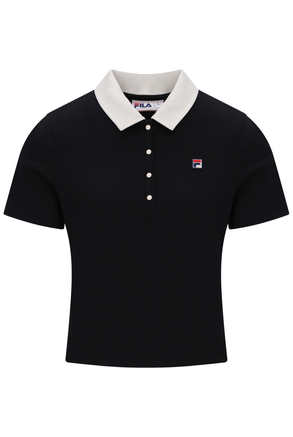 Displays the Black & Gardenia 'FILA' branded Callie Fitted Iconic Polo