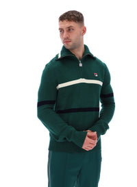 Displays a model wearing the Rain Forest 'FILA' branded Camilo Knitted Half Zip Jumper