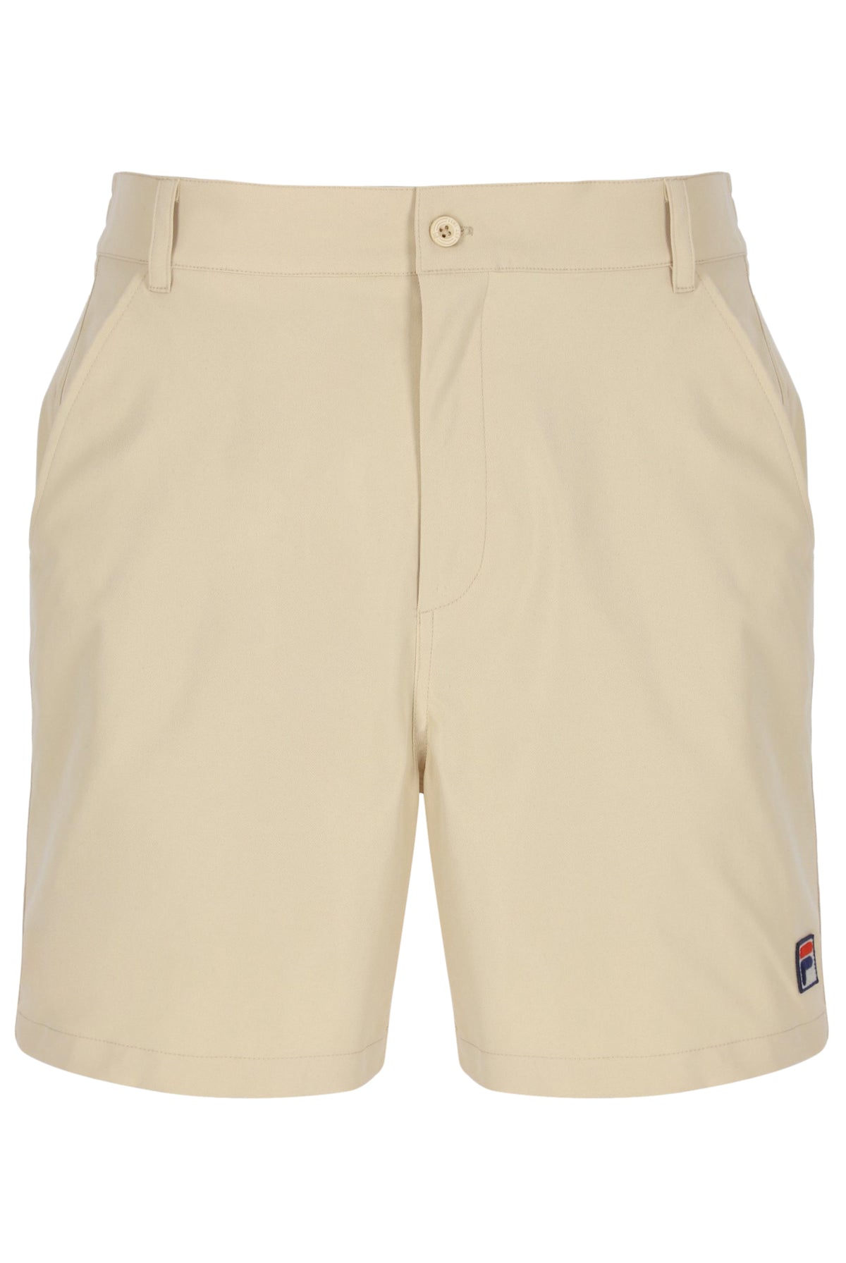 Displays the Classic Beige 'FILA' branded Caruso Chino Shorts