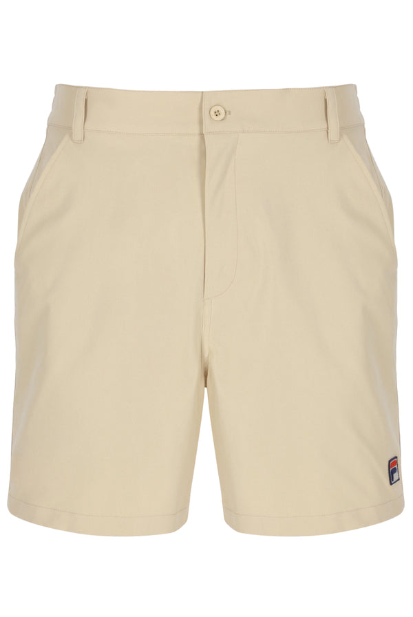 Displays the Classic Beige 'FILA' branded Caruso Chino Shorts