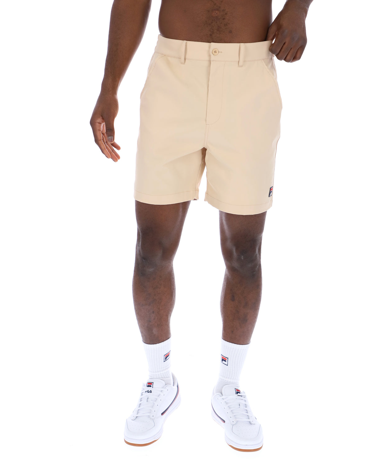 Displays the Classic Beige 'FILA' branded Caruso Chino Shorts