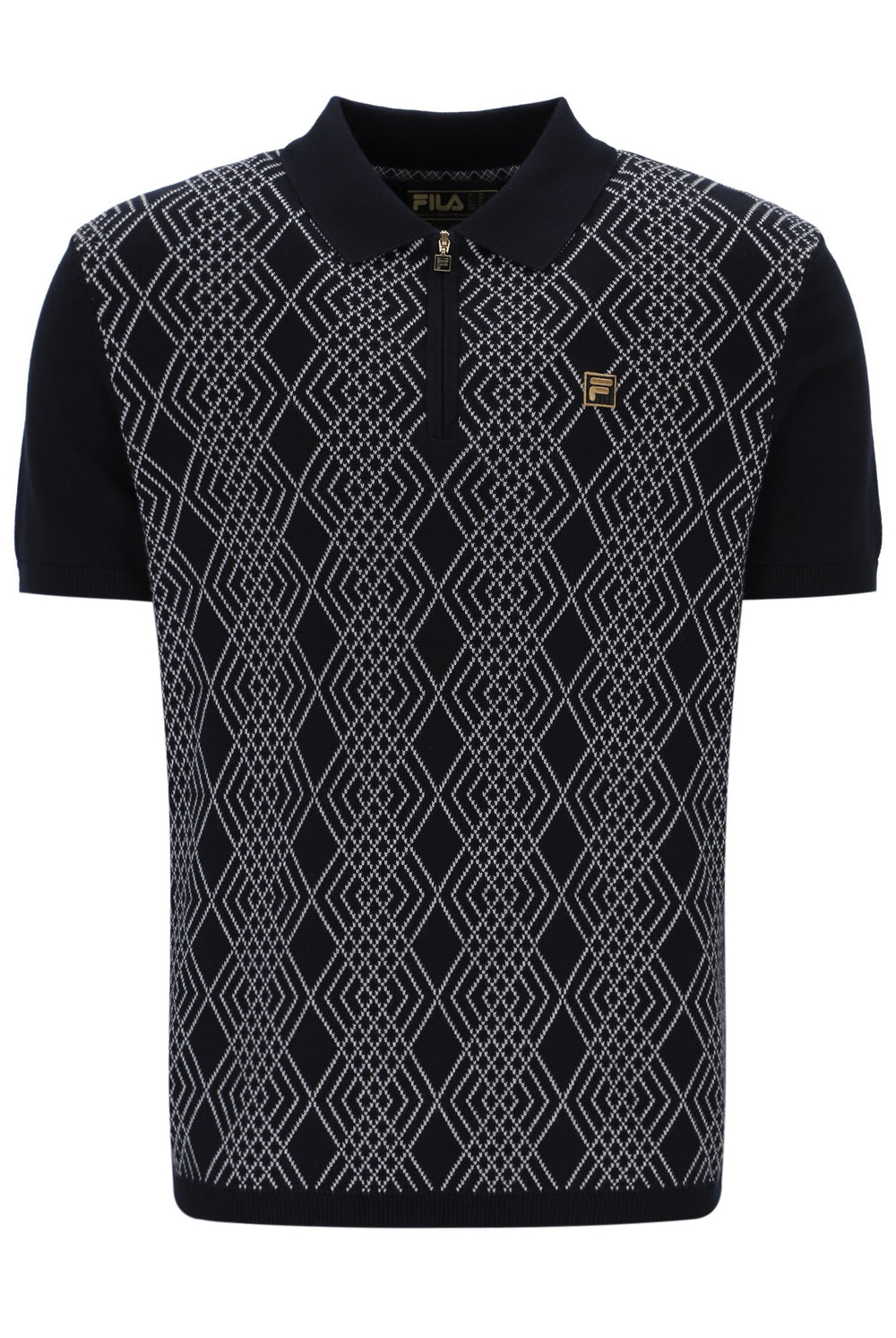 Black polo shirt with geometric pattern and Fila logo on a white background
