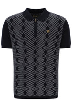 Black polo shirt with geometric pattern and Fila logo on a white background
