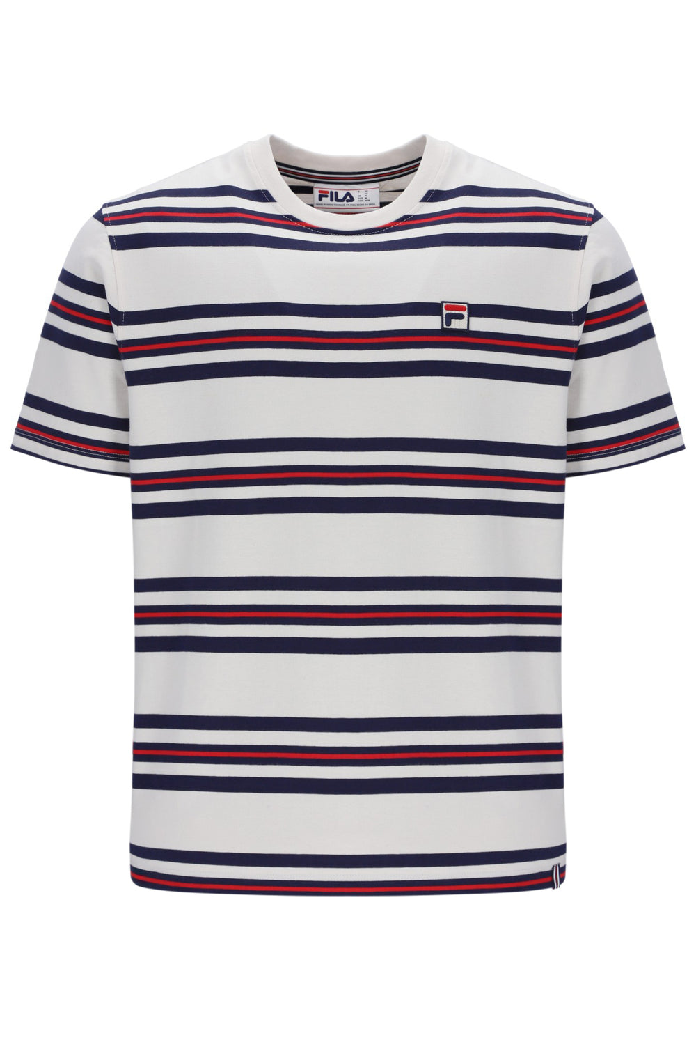 Striped t-shirt with a small logo on a white background