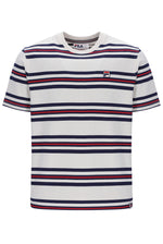 Striped t-shirt with a small logo on a white background