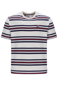 Striped t-shirt with a small logo on a white background