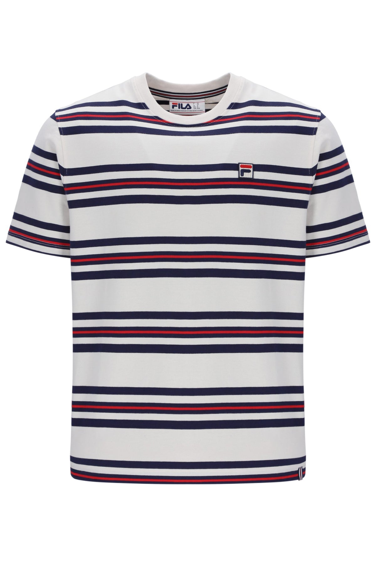 Striped t-shirt with a small logo on a white background