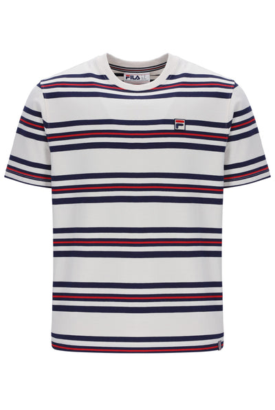 Striped t-shirt with a small logo on a white background
