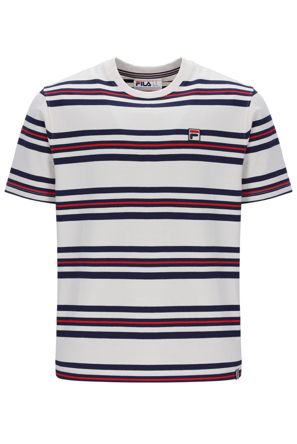 Striped t-shirt with a small logo on a white background