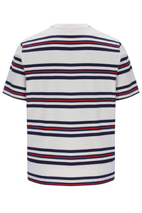 Striped t-shirt with red and blue stripes on a white background