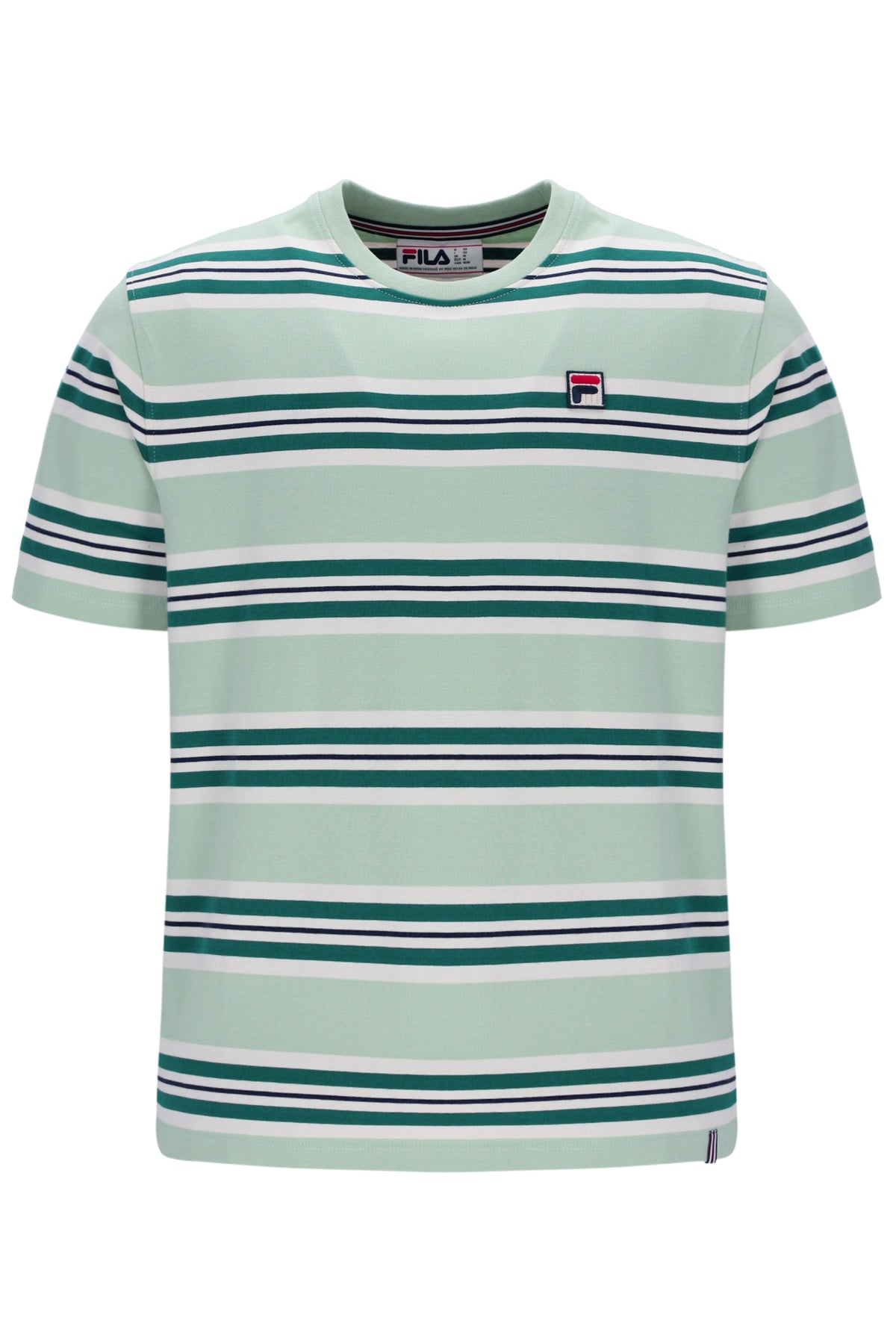 Green and white striped t-shirt with Fila logo on a white background