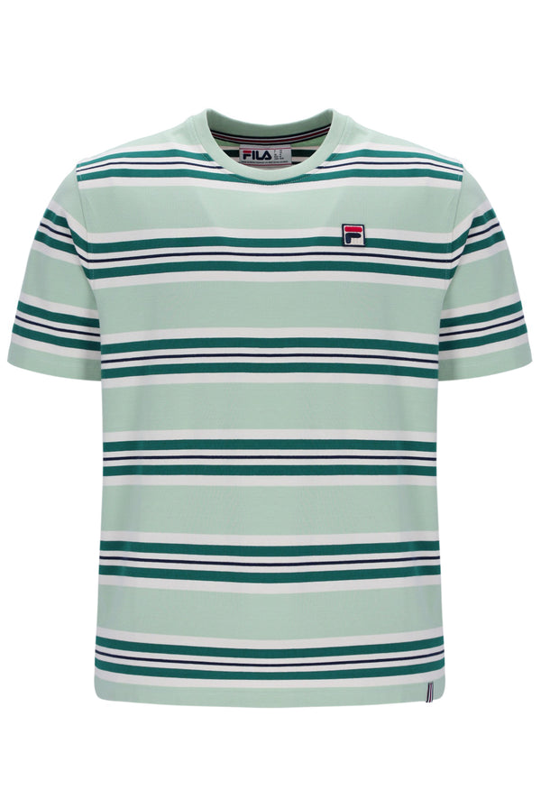 Green and white striped t-shirt with Fila logo on a white background