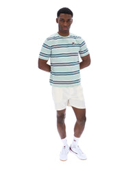Man wearing a striped shirt and white shorts on a white background