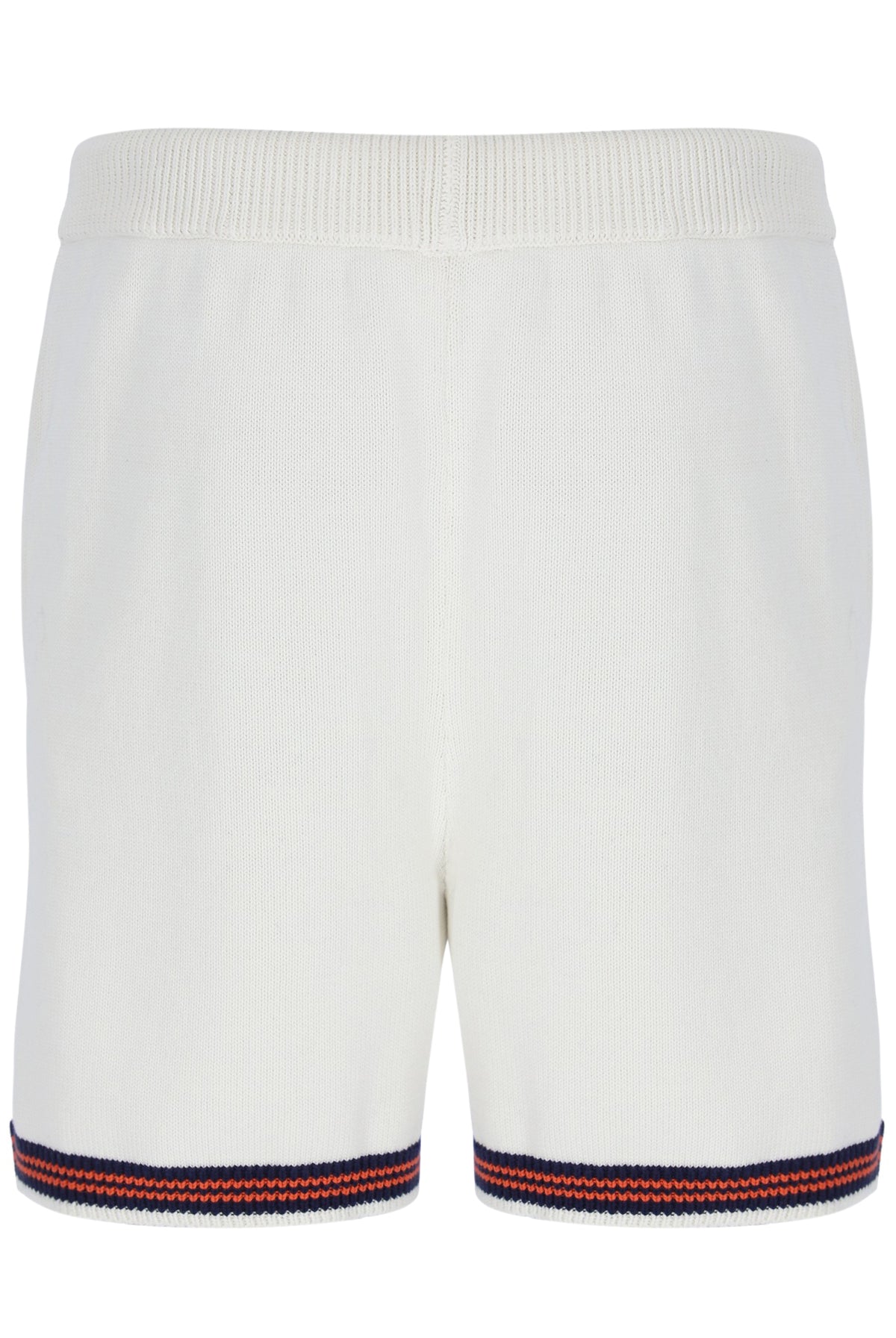 White shorts with red and blue trim on a white background
