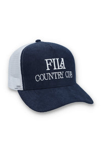 Displays Navy 'Fila' branded Cody Corduroy Mesh-Back Cap with Embroidered Graphic