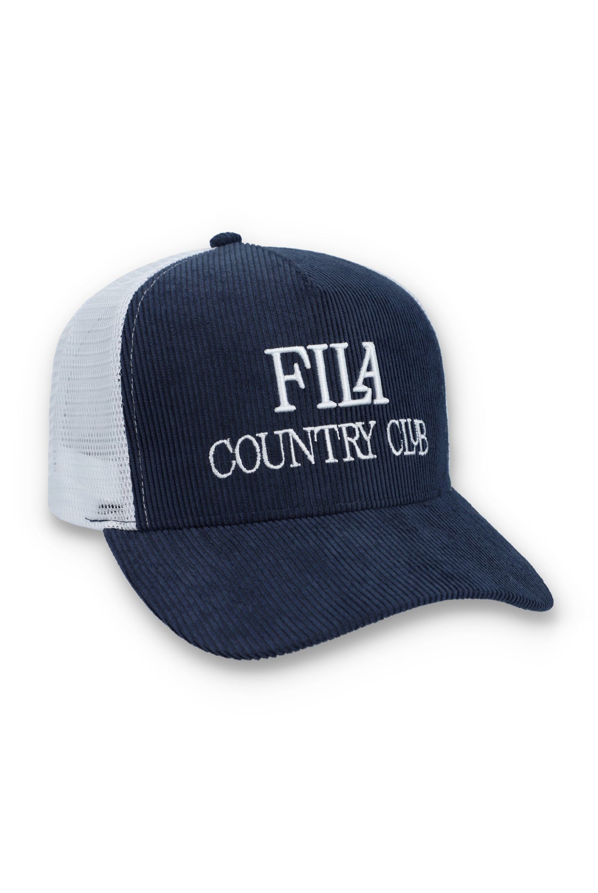 Displays Navy 'Fila' branded Cody Corduroy Mesh-Back Cap with Embroidered Graphic