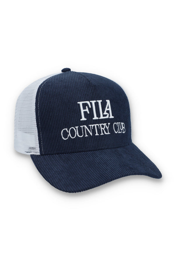 Displays Navy 'Fila' branded Cody Corduroy Mesh-Back Cap with Embroidered Graphic
