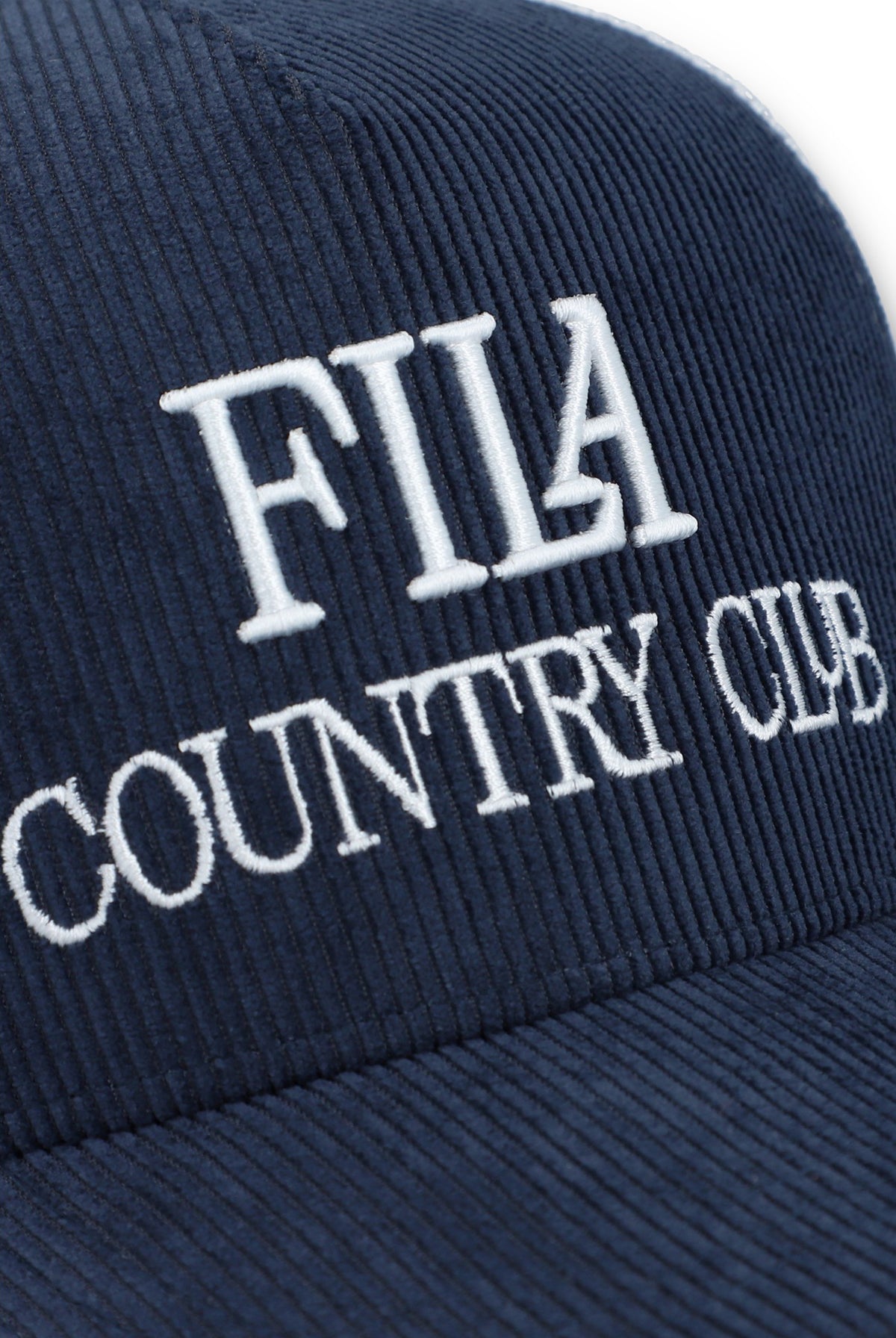 Displays Navy 'Fila' branded Cody Corduroy Mesh-Back Cap with Embroidered Graphic