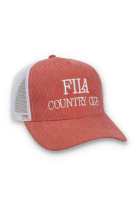 Displays the Tiger Lily 'FILA' branded Cody Corduroy Mesh-Back Cap with Embroidered Graphic