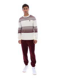 Man wearing a striped sweater and burgundy pants on a white background