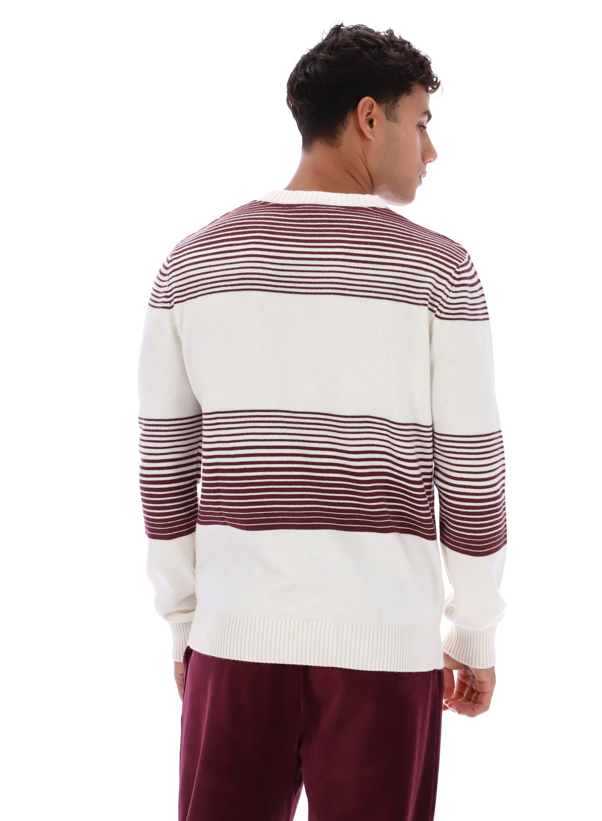 Man wearing a white and burgundy striped sweater on a white background