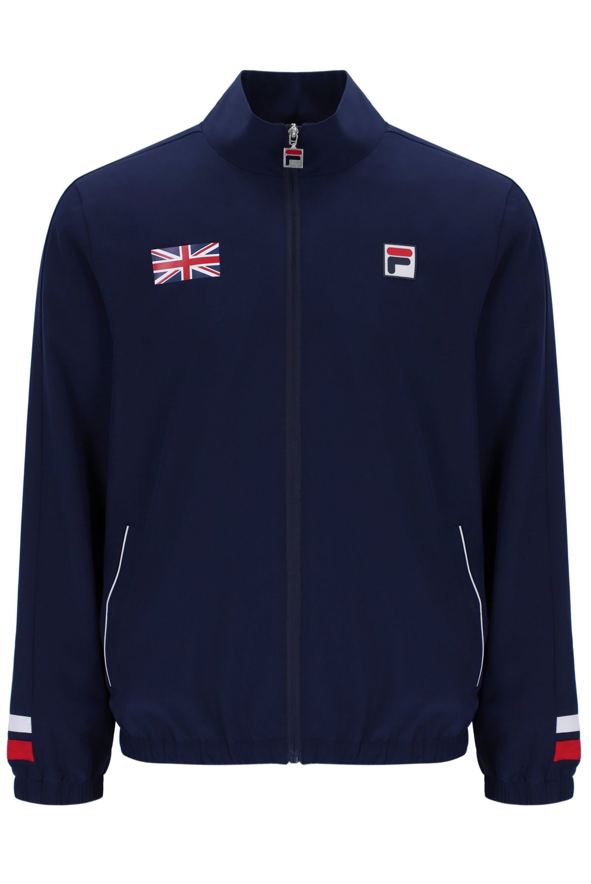 A navy blue tennis track top with zip up fastening, featuring the British flag and the FILA logo on the chest.