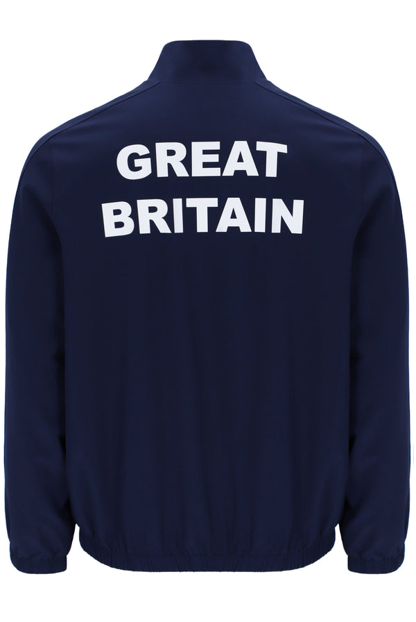 A navy blue tennis track top, featuring 'GREAT BRITAIN' print-out text across the back on a white background