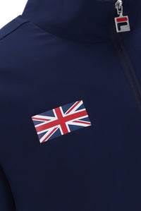 A navy blue tennis track top with zip up fastening, featuring the British flag and the FILA logo on the chest.