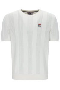 White textured t-shirt with Fila logo on a white background