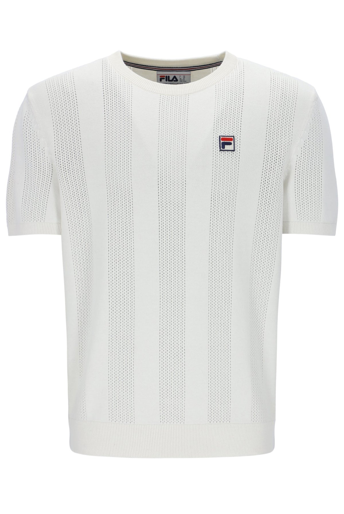 White textured t-shirt with Fila logo on a white background