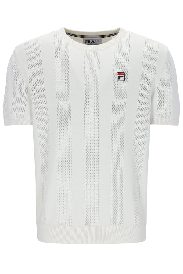 White textured t-shirt with Fila logo on a white background
