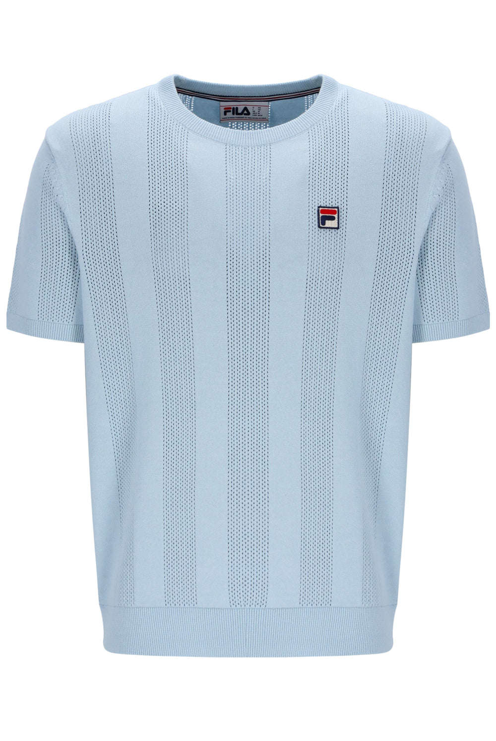 Light blue textured t-shirt with a small logo on a white background