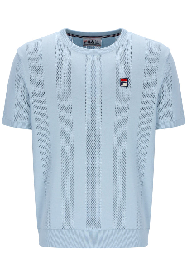 Light blue textured t-shirt with a small logo on a white background