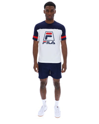 Displays a model wearing the White 'FILA' branded Damon Cut and Sew Tee