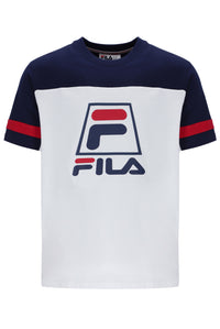 Displays the White 'FILA' branded Damon Cut and Sew Tee