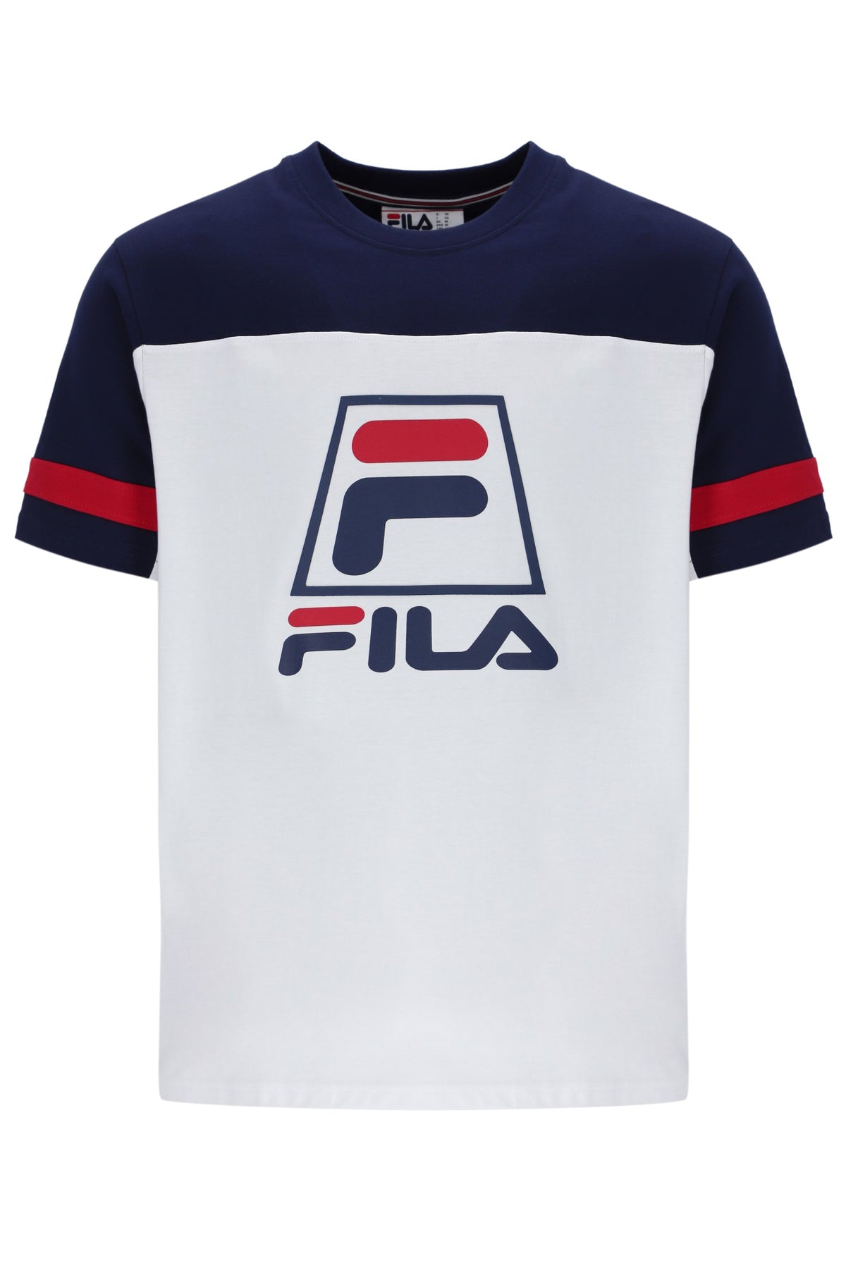 Displays the White 'FILA' branded Damon Cut and Sew Tee