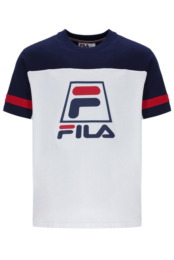 Displays the White 'FILA' branded Damon Cut and Sew Tee