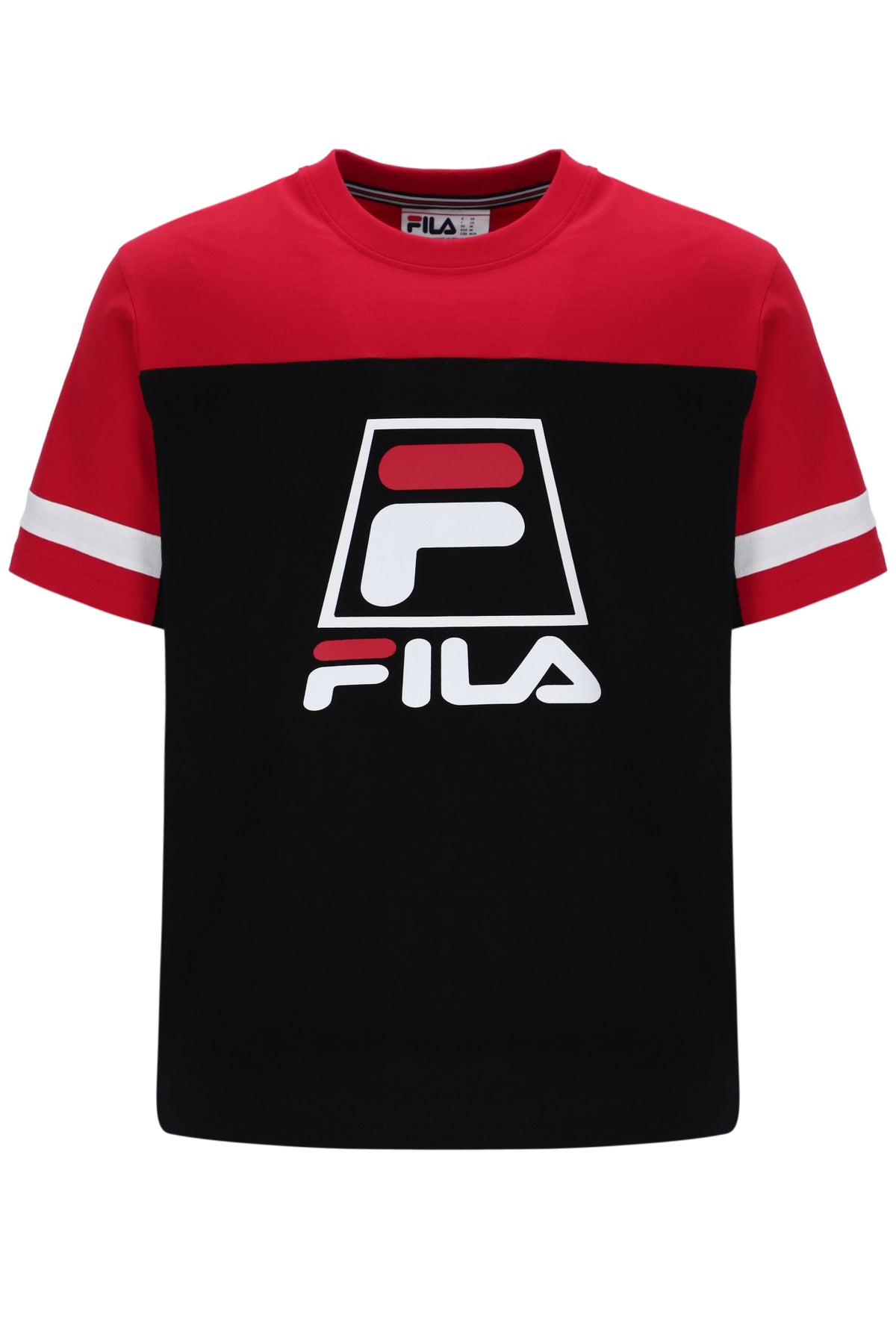 Displays the Black 'Fila' branded Damon Cut and Sew Tee
