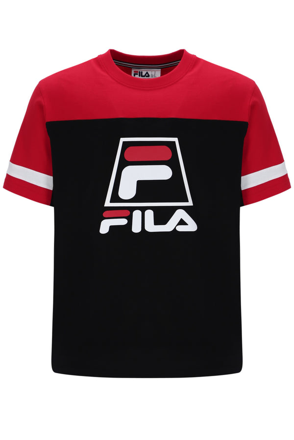 Displays the Black 'Fila' branded Damon Cut and Sew Tee